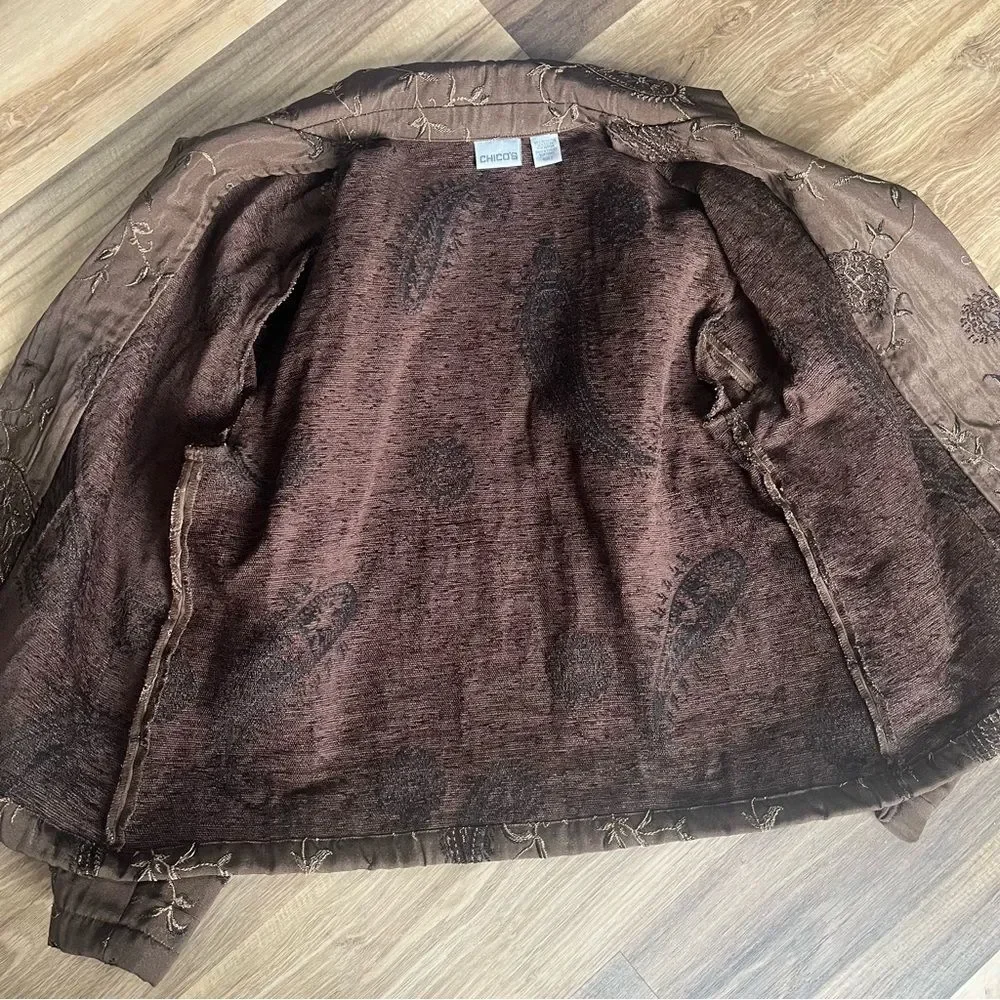 Chico's Womens Size 2 large Brown Paisley Embroidered Jacket Blazer